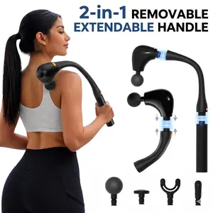 2-in-1 Deep Tissue Massage Gun with Retractable Handle—Massager for Relieving Tight Muscles in the Back and Neck, 4 Massage Heads, Quiet Motor