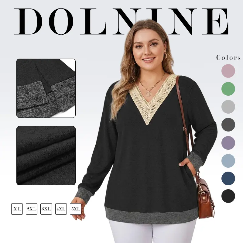 XL-5XL Women's Plus Size Tops Lace Trim V Neck Long Sleeve Sweatshirts Color Block Side Split Hem Tunics Casual Fit  Soft Stretchy Pullover     curvy plus clothes   VPS0113