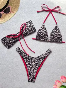 Three-Piece Set Women's Leopard Print Bikini Set, Casual Fashion Chic Swimsuit Set for Beach Holiday Vacation, Ladies Swimwear, Beach Bathing Suit for All Seasons