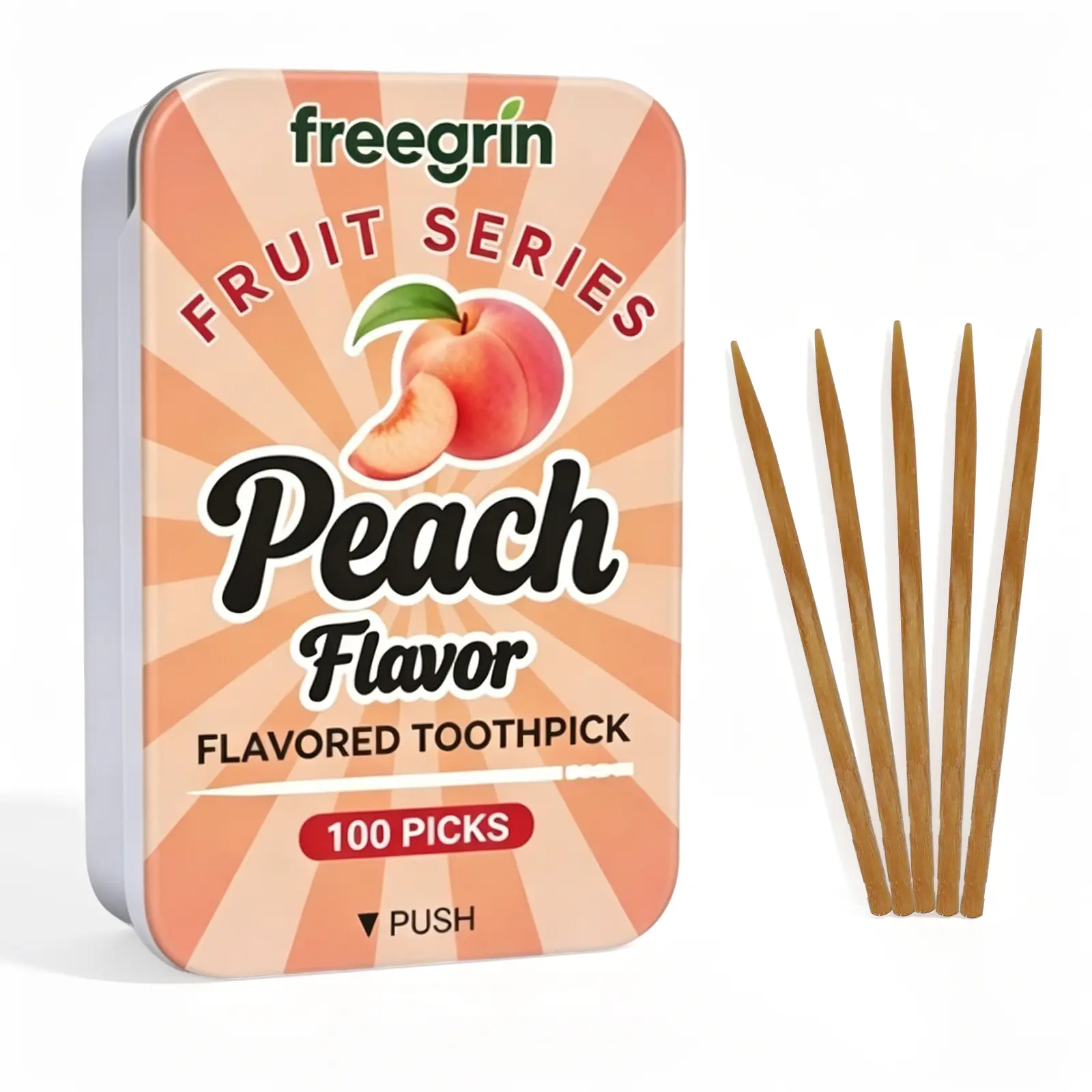 Freegrin Peach Flavored Toothpicks 100 Count, Natural Birch Wood Toothpicks for Fresh Breath, Sugar Free After Meals Oral Care in Portable Iron Box， Dental Floss