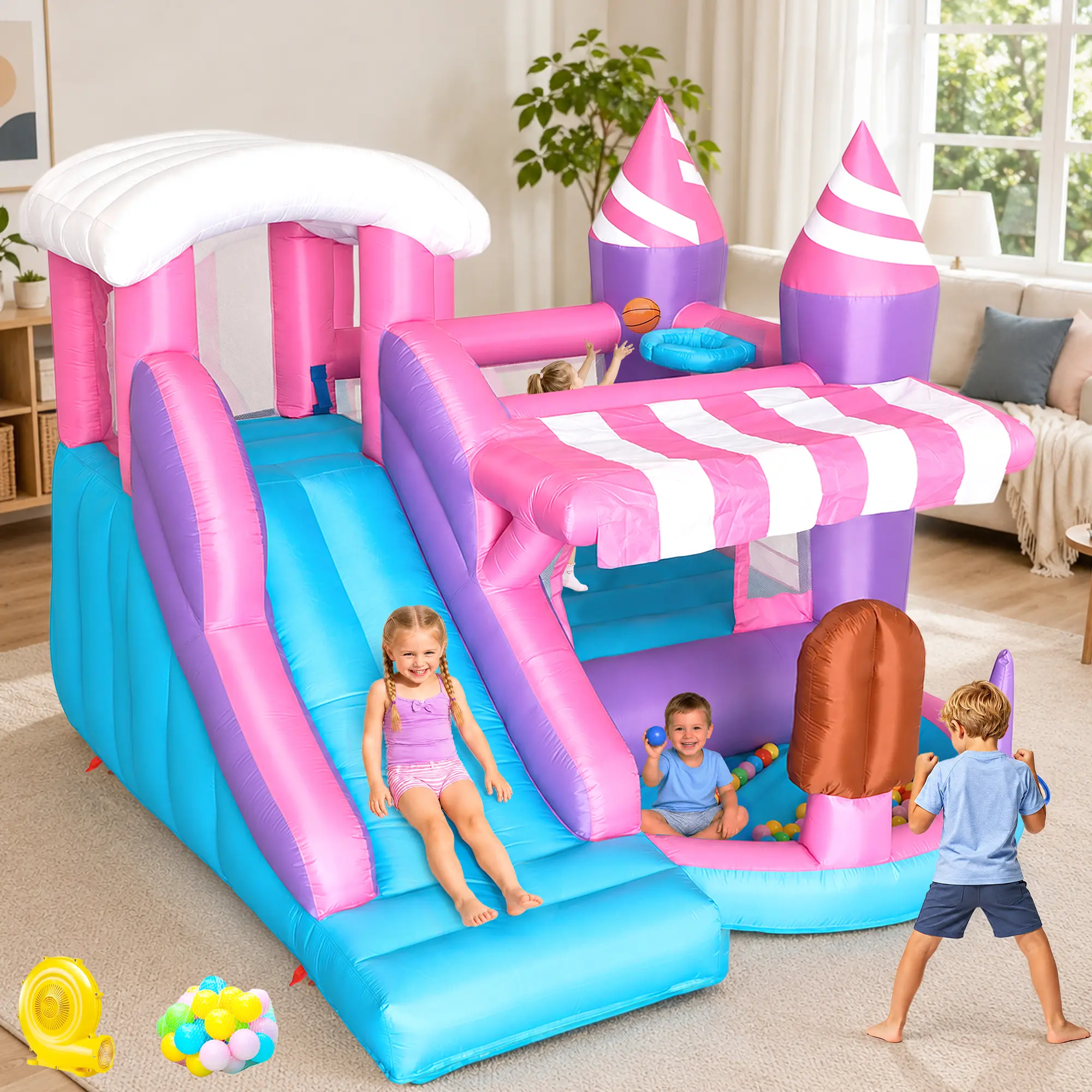 7in1 Inflatable Bounce House Kid Trampoline with Tall Slide, Ball Pit Pool, Punching Game for Home Party or Outdoor Ages 3-8 with 470W Blower 103" L x 102" W x 80" H