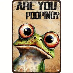 Funny "Are You Pooping?" Frog Metal Wall Art Sign - Vintage Bathroom Decor with Green Frog & Red Eyes - 8x12 Inch Humorous Toilet Decoration for Home, Office, or for Cave - Durable Metal Construction & Pre-Drilled Holes for Easy Installation - Conve