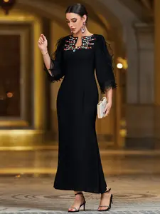 Luxurious Evening Dress Abaya with Gemstone Decoration, Perfect for Ramadan Festivals, Stylish and Elegant Gown for Special Occasions