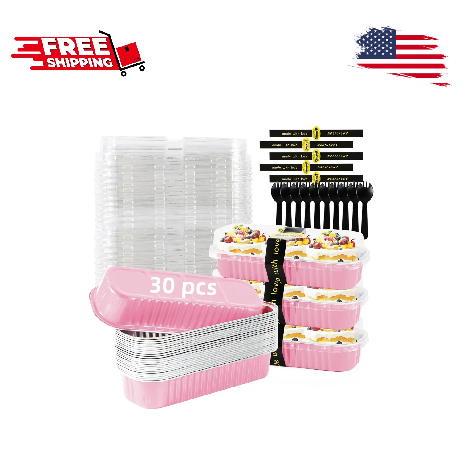 30 Pack Pink Disposable Rectangular Aluminum Foil Loaf Pans