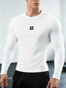 Men's European Style Fitness Long Sleeve T-Shirt, Workout Sportswear, Sporty Geometric Print, High Elasticity Quick-Dry Breathable Fabric, Ideal for Gym Training