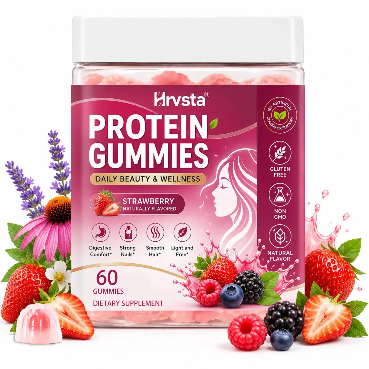 Protein Gummies for Women, Strawberry Flavor, 12g Protein per Serving, 60 Gummies, Daily Beauty & Wellness Supplement, Gluten Free, Non-GMO