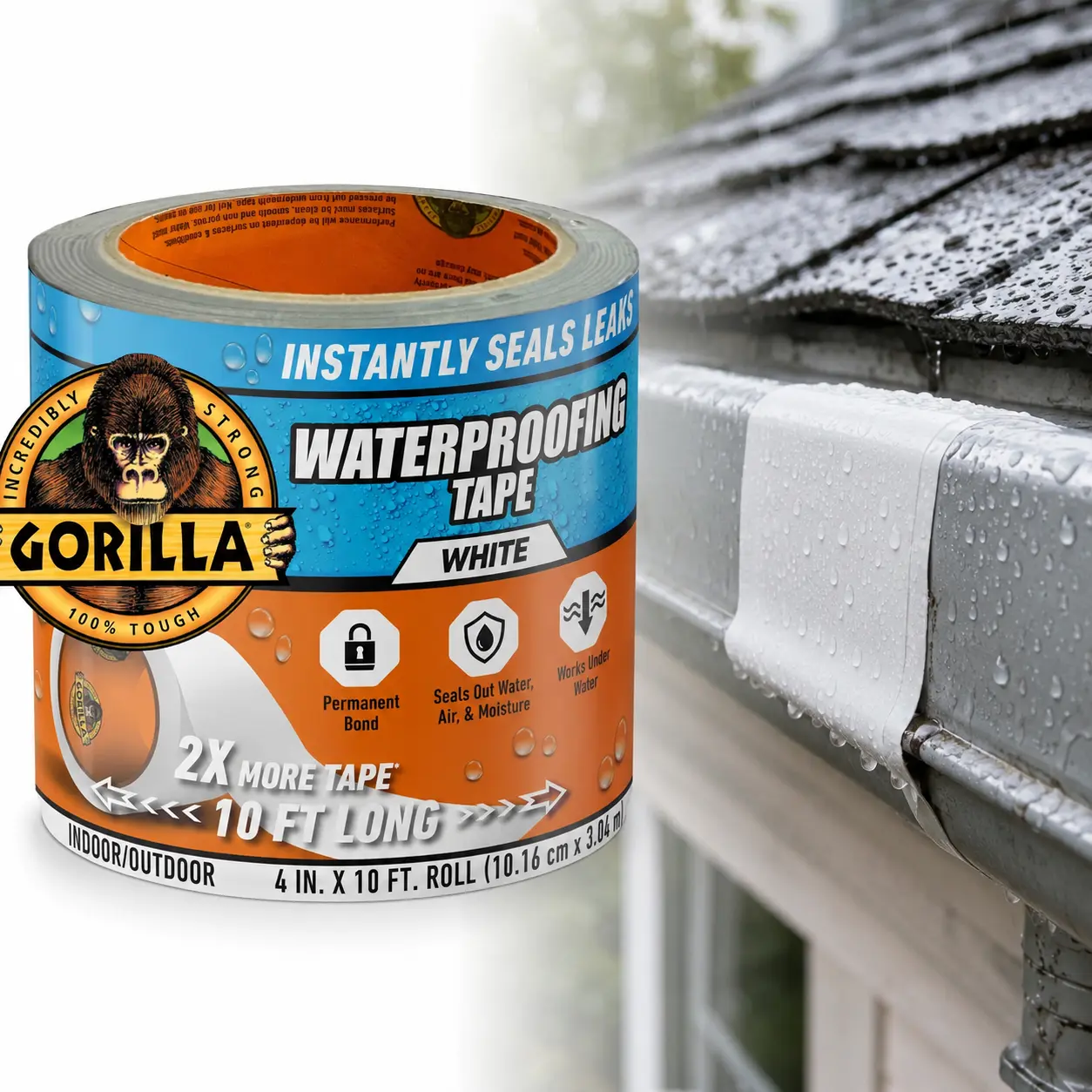 Gorilla Glue White Waterproof Patch and Seal Tape - 10ft x 4in Roll, Instant Leak Repair, Airtight Seal, Moisture Barrier, Permanent Bond, Extra-Thick Adhesive, UV-Resistant, Non-Yellowing for Roof, RVs, Boats (Fixes Holes, Cracks, Gaps, Tears)