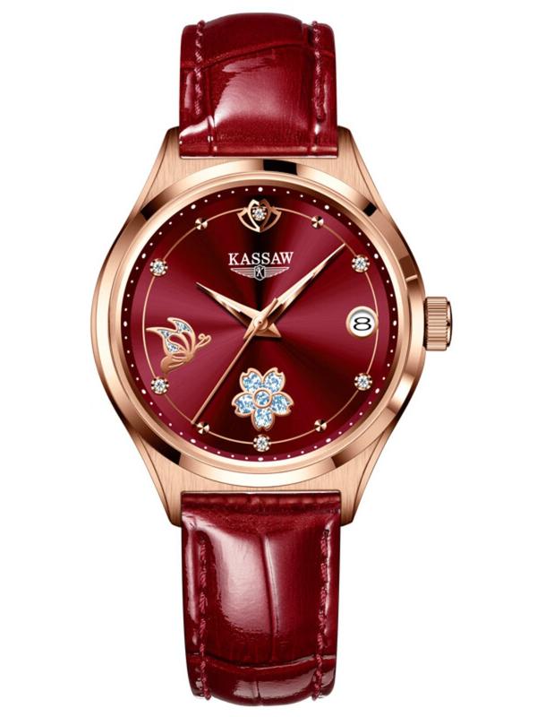 Kassaw Women's Mechanical Watch, Elegant Vintage Style, Wine Dial, Butterfly Flower Decoration, Rhinestone Design, Leather Strap