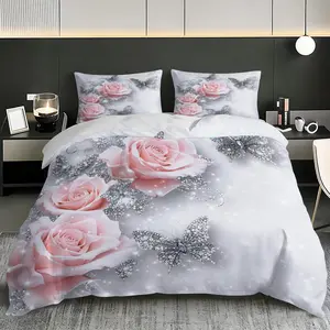 Three-piece Pink roses and diamond butterflies patterned quilt cover set, including 1 quilt cover and 2 pillowcases (without quilt core and pillow core), soft and breathable, suitable for bedrooms, etc.