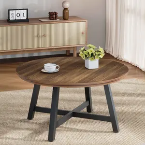 Garvee Industrial Round Coffee Table 91 cm – Large Wooden Living Room Table – Stable Metal Legs – Adjustable Feet – Easy to Assemble – Color: Brown