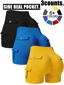 Women's High-Waisted Workout Shorts, Butt Lifting Design, Breathable Comfort, Waist Control, Button Pockets, Ideal for Gym Yoga Cycling