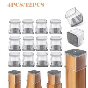Square transparent Heavy Duty scratch-resistant and noise-reducing table and chair foot pads with length and width of 1.4 inches, available in 4-pack and 12-pack options