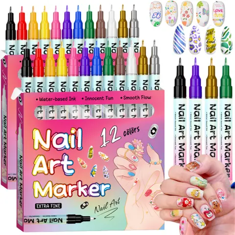 Nail Art Markers Set,Nail Art Pens Kit,12 Colors 3D Nail Pens for Nail Art for Painting Nail Art Design Acrylic Paint Marker for Drawing Painting Nail Art Graffiti Pen Quick Drying Waterproof 0.5mm Manicure Nail Art Tools, Nail Art Supplies