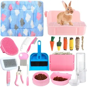 20 Pcs Rabbit Starter Kit Small Bunny Litter Box Animal Grooming Kit with Hanging Pet Bowls Water Bottle Bunny Toys Flannel Blankets with Cleaning Set  Guinea Pig Rabbit Accessories(Pink)