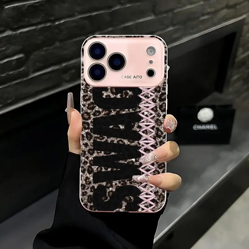 Swag leopard print phone case with straps. Compatible with iPhone 17 Pro Max, 16 Pro Max, 15 Pro Max, and 14 Pro. Includes lens protection. Also suitable for iPhone 15, 14, 13, and 12. Made of skin-friendly TPU material. A great birthday gift.