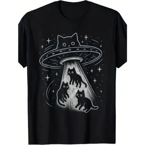 Cat UFO Graphic Tee for Men: Funny Kitty in Spaceship Alien Design, Soft Short Sleeve Crewneck, Comfortable Casual Fit for Everyday, Gifts, All Seasons | #CatLover #FunnyTshirt #GraphicTee #MensFashion