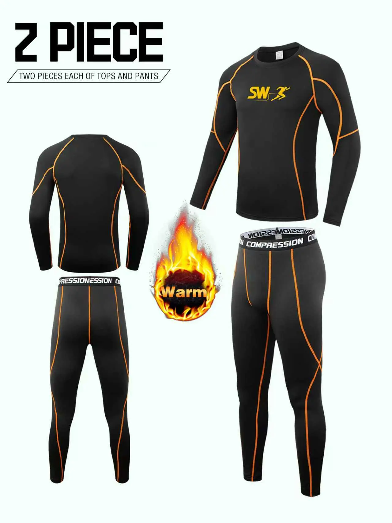 Men's Compression Base Layer Set, 2-Piece Thermal Fleece-Lined Top & Pants, Windproof Sportswear for Cold Weather, No
