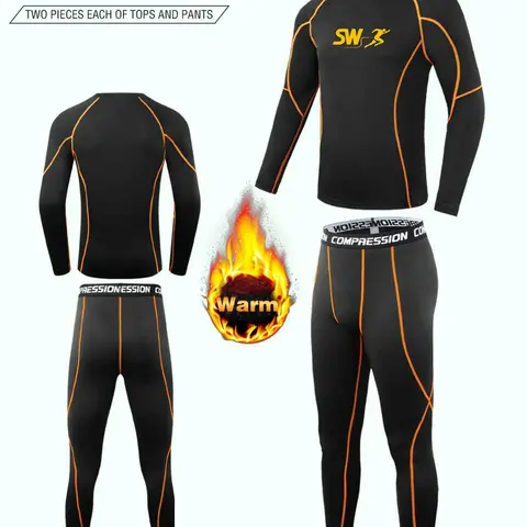 Men's 2-Piece Compression Base Layer Set - Windproof Thermal Fleece-Lined Round Neck Long Sleeve Top & Compression Pants, Orange Accents, Running Ski Innerwear, Casual Wear, Keeping You Warm for Cold Weather Sports