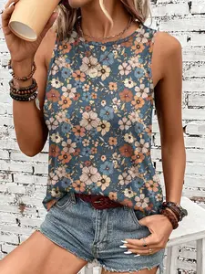 Casual Vintage Boho Bohemian Floral Pattern Round-Neck Women'S Sleeveless Tank Top, Suitable for Spring, Summer, And Autumn.