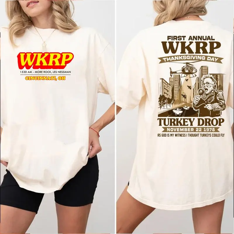 Men's Unisex WKRP 1st Annual Thanksgiving Day Turkey Drop Cotton T-Shirt - Cincinnati Themed, Casual, Comfortable, Fits Matching Casual Outfits, Graphic, Round Neck, Short, Sleeves