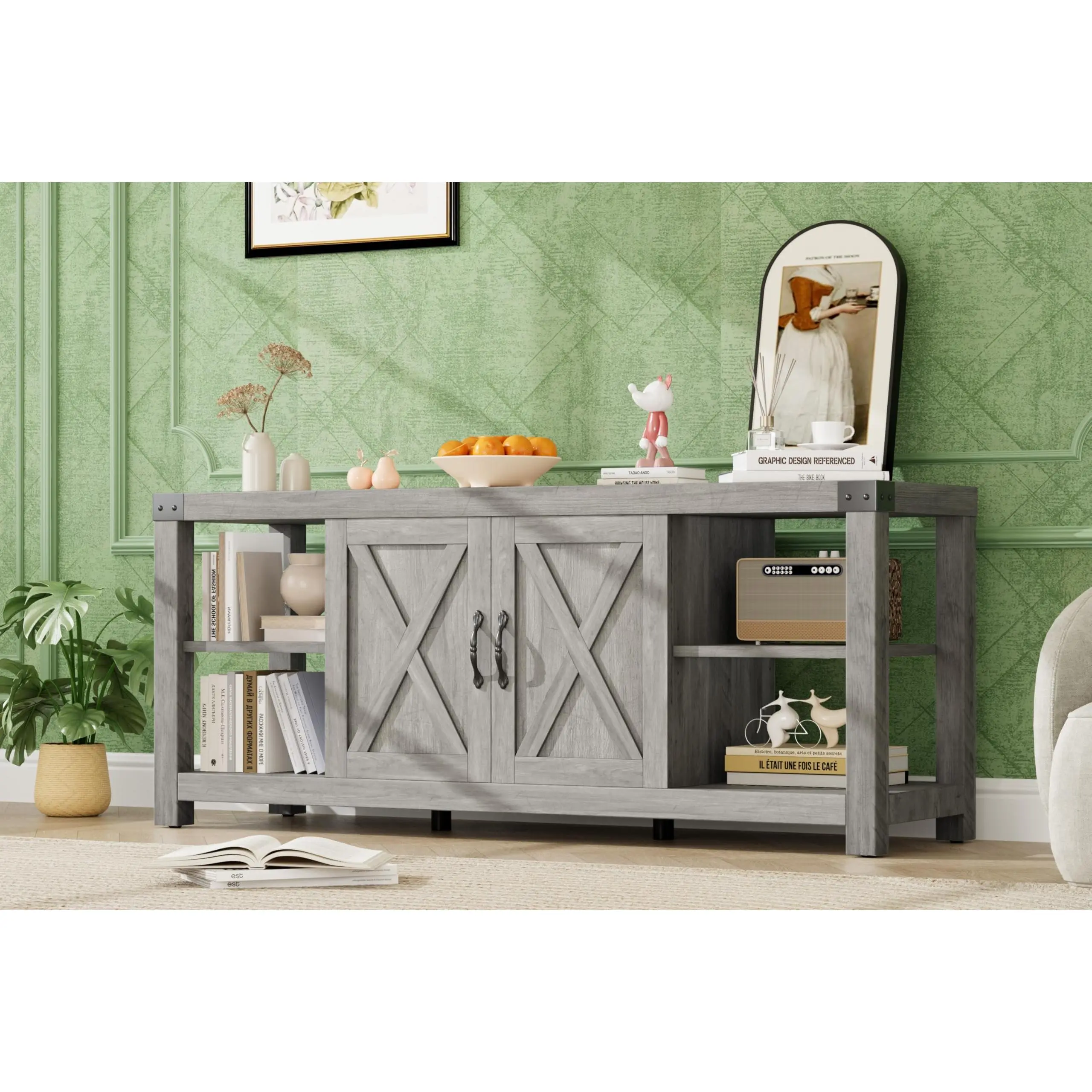 【GARVEE】Grey Farmhouse Style Entertainment Center and Media Console Cabinet with Storage, Shelves, and Doors - 60 Inch Console Table for Living Room or Bedroom, Fits up to 65 Inch Screens