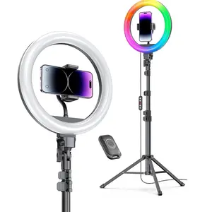 NEW! 12’’ RGB Selfie Ring Light with 62’’ Tripod and Phone Holder, 18 Color LED Light for Video Recording, Compatible with Cell Phones and Cameras