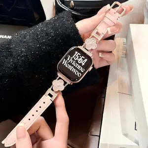New Sparkly Four-Leaf Clover Leather Band for Apple Watch 38/39/41 & 42/44/45/46/49 mm, Rhinestone Fashion Strap with Elegant Finish (Band Only)
