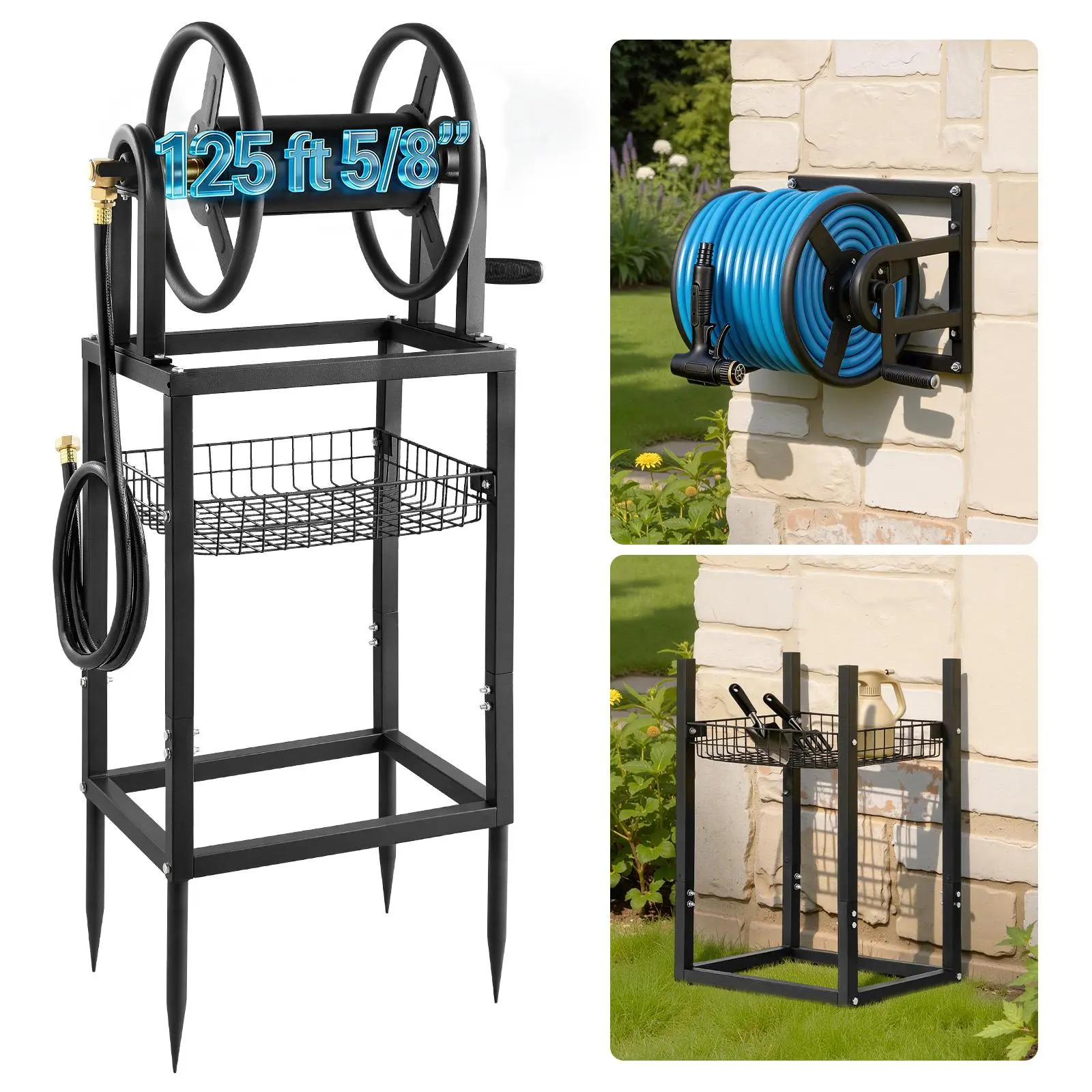 VEVOR Freestanding Garden Hose Reel, Holds 125 Feet of 5/8-inch Hose, Wall Mount or Ground Mount, Detachable Holder Stand with Storage Rack, 5 ft Leader Hose, Brass Fitting, 4 Spikes, for Backyards#BackToSchool