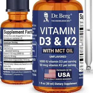 Dr. Berg Maximum Strength Vitamin D3 K2 Liquid Drops with MCT Oil – 5,000 IU Liquid Vitamin D3 with K2 – Supports Strong Bones, Heart, Energy, Immunity, and Overall Vitality* - Unflavored 1 Fl Ozundefined