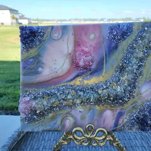 11x14 Genuine Amethyst and Rose Quartz Geode Wall Art with Pink Purple and Gold Resin