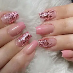 24pcs Large Glitter Nail Tips, Medium-Length High-End Finished Nails, Sweet Girl Daily Eye-Catching, Almond Shape Glossy Finish, Glittering Fake Nails