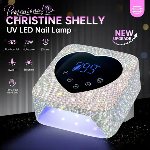 CHRISTINE SHELLY 72W UV LED Dryer - Rechargeable Sparkly Cordless Device with 5 Timer Settings, Auto Sense, Display, 5-Nail Curing, Fashion Nail Art Tool, Glamorous Hand-Applied Gems Compatibility, Rechargeable Pedicure Tool for Home Salon Results
