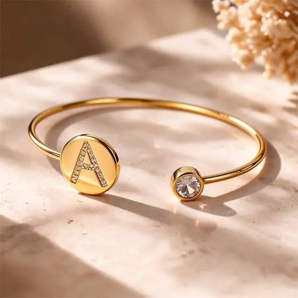 Women's 18K Gold Plated Initial A Open Cuff Bangle, Dainty Adjustable Letter Bracelet with Paved Cubic Zirconia, Personalized Minimalist Gem Accent Jewelry, Gold-Toned Stackable Bracelets & Bangles, Birthday Gift Wrist Accessory, Gem Accent Bracelets & Ba