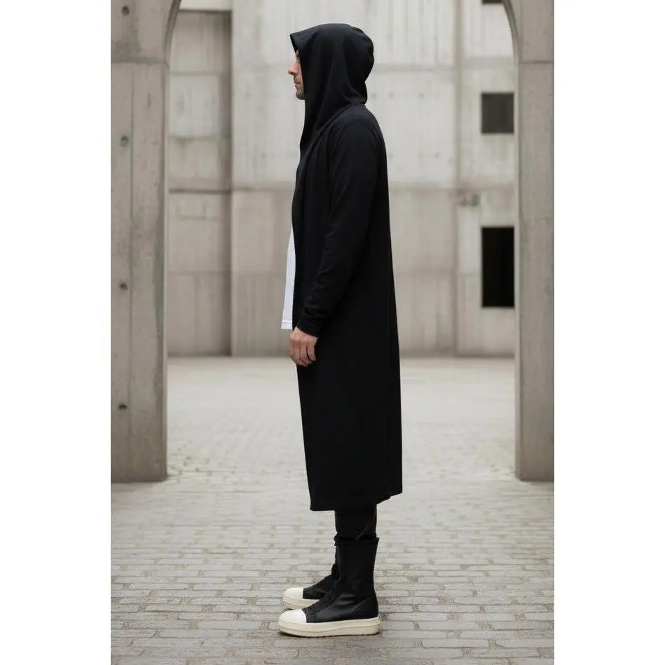 Mens Hooded Cardigan, Long Line Cloak Robe, Soft Rib Knit Knit With Pockets (Unstructured)