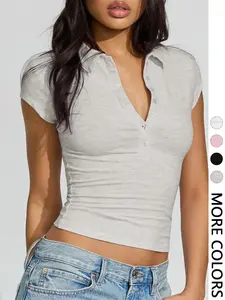 Fashionable Solid Color Comfortable Slim-Fit V-Neck Button Short Sleeve Polo Shirt, Stylish Casual Wear for Men, Perfect for Any Occasion