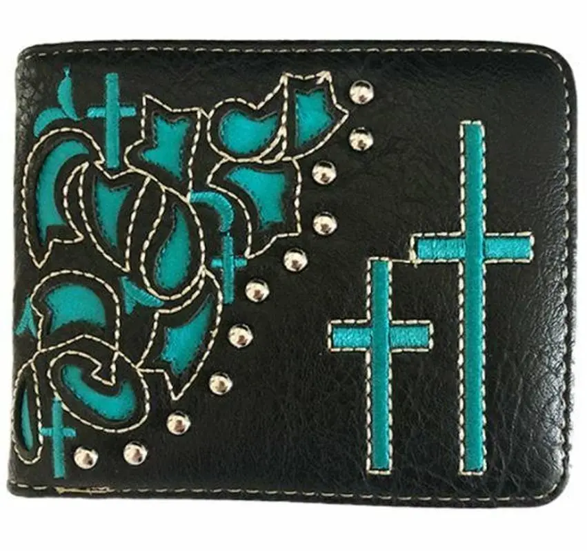 Men's Western Bifold Wallet with Cross Design Checkbook Style Black Turquoise