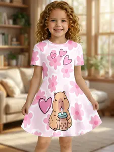 New Girl's Dress Capybara Milk Tea Print Flower Short Sleeve Princess Dress, Casual Fitted Asymmetrical Knee Length Floral Pattern Dress, Graphic Print Dress, Floral Printed Dress