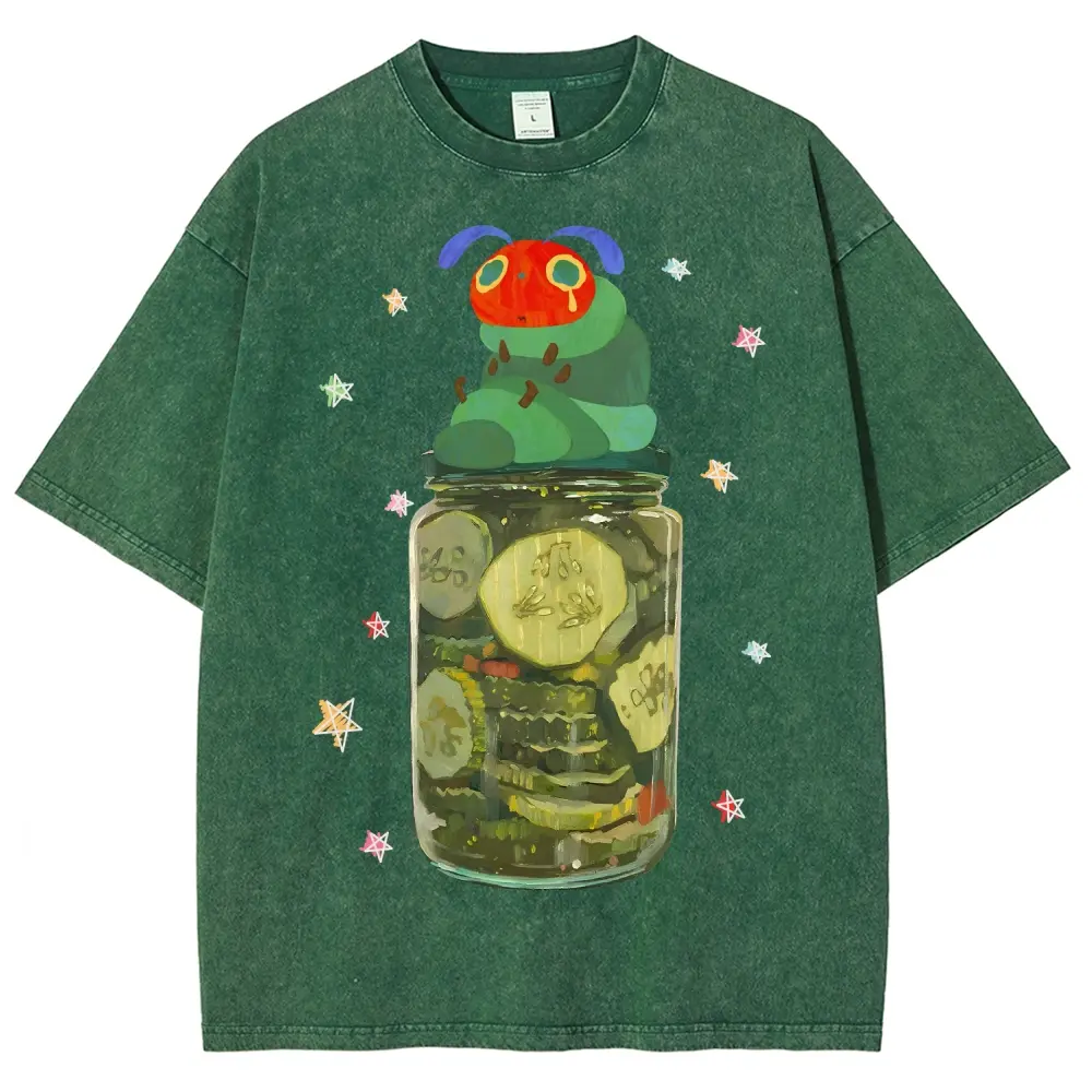 Hungry Caterpillar Pickle Jar Cute Aesthetic T-Shirt, Vintage Washed Tee, Sad Caterpillar in Pickle Jar Graphic Shirt