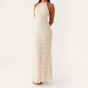 Women's Ruched Bodycon Long Dress Sleeveless Backless Solid Color Dress Cocktail Party Dress