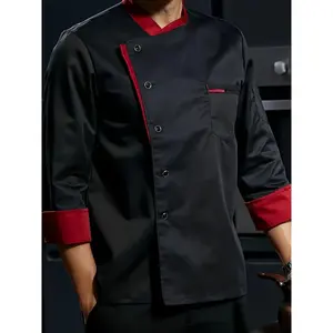 Premium Black Polyester Chef Uniform Jacket - 1pc Long Sleeve with Red Accents, Machine Washable - Ideal for Restaurant, Hotel, Bakery, and Culinary School