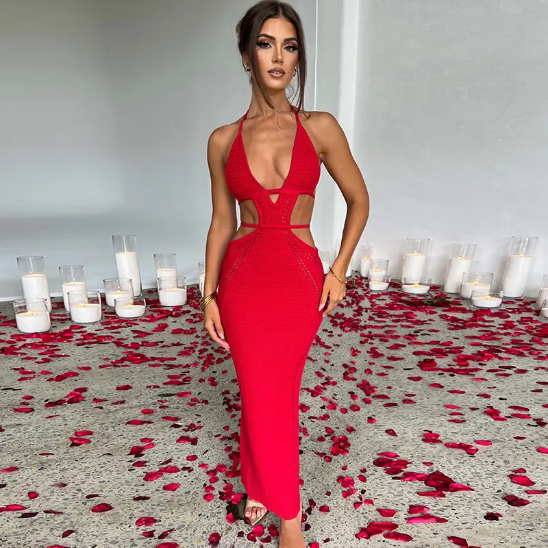 Hollow Out Backless Sweater Dress 2025 Summer Fall New Women Back Bandage Sleeveless Long Dresses Sexy Party Club Casual Elegant Vacation Beach Outfits Dress