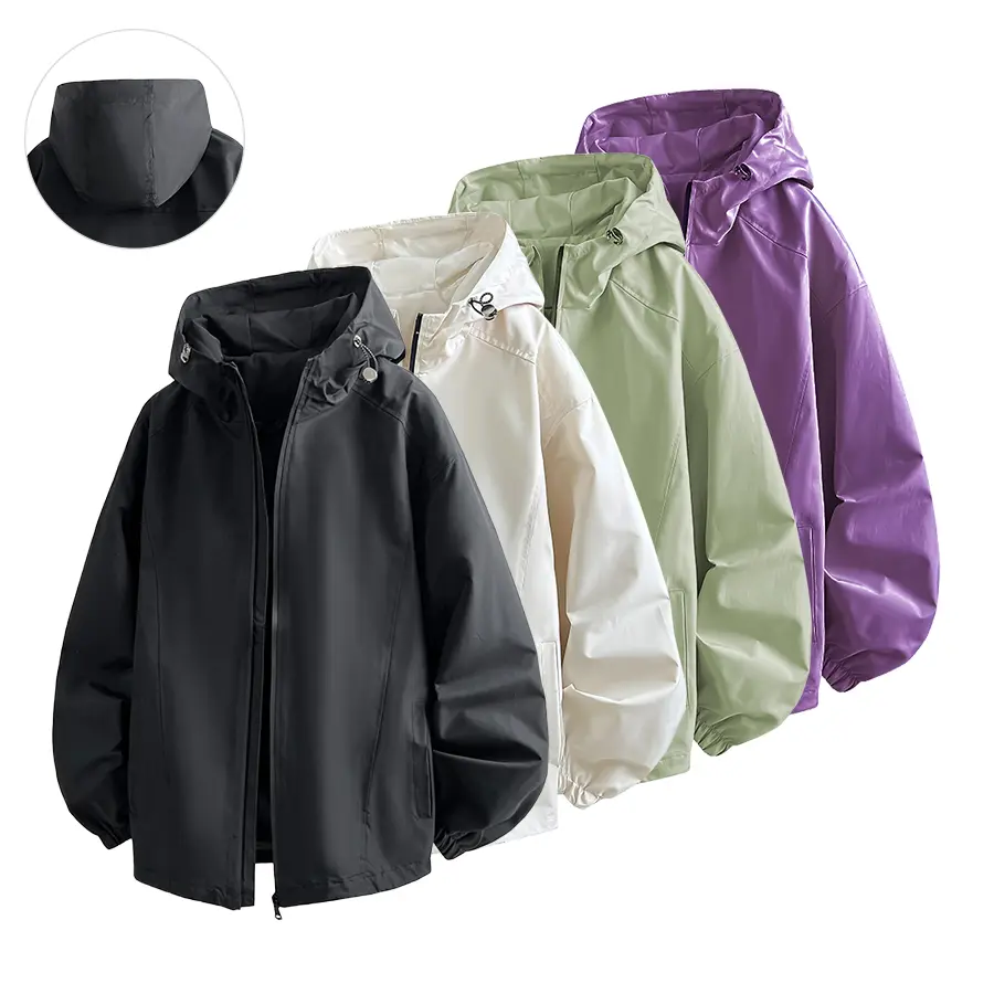 Mountain-style urban casual outdoor hooded jacket—versatile, goes with any style; water-resistant with slight wind protection; adjustable hood with drawstring hem for warmth; elastic cuffs that are comfortable and don’t pinch; loose fit that hides bulges