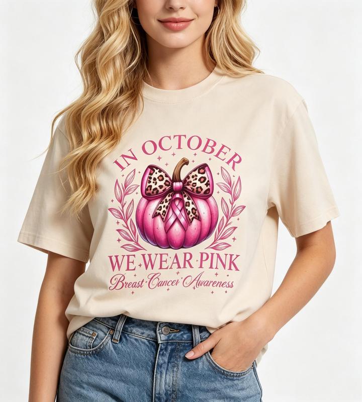 Women's Cotton Breast Cancer Awareness T-Shirt - October Pink Pumpkin Graphic, Oversized Short Sleeve Crew Neck, Comfortable Beach Casual Tee with Flattering Fit & Stylish Design