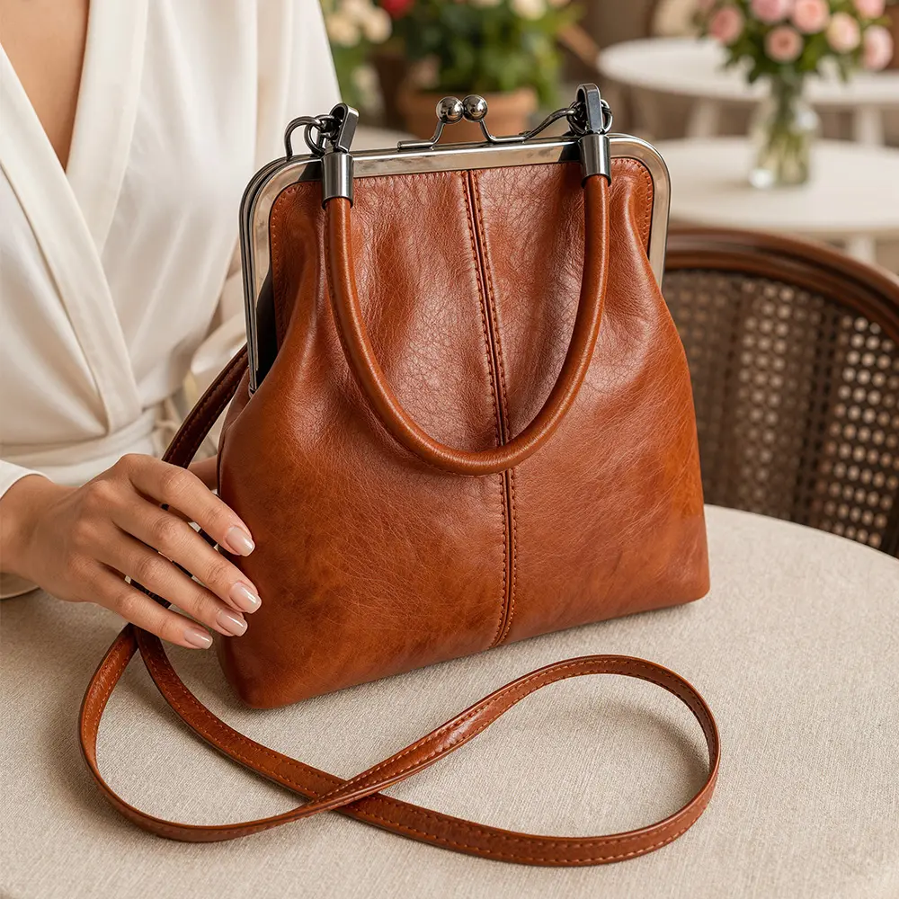Crossbody Bag for Women, Vintage PU Leather Handbag with Kiss Lock Closure, Lightweight Casual Shoulder Purse with Adjustable Strap, Great Gift Idea, Fashionable Crossbody Bag, Crossbody Bags For Women
