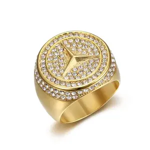 Stainless Steel Titanium Hip Hop Punk Iced Out Bling 14K Gold Plated Star Luxury Full Stone Ring for Men Women Couple Gift Fashion Jewelry