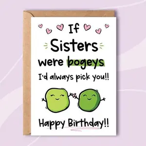Cartoon Pea Pods Pattern Birthday Card, Funny Birthday Card for Sisters, Silly Sister Birthday Card, Kids Sister Card, Bogey Birthday Card