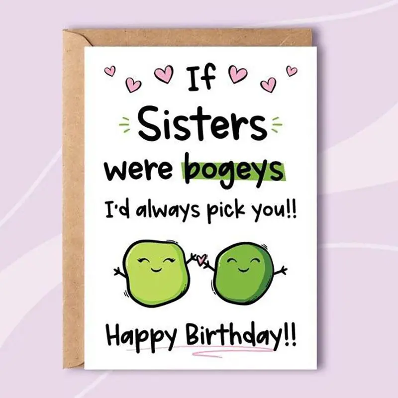 Cartoon Pea Pods Pattern Birthday Card, Funny Birthday Card for Sisters, Silly Sister Birthday Card, Kids Sister Card, Bogey Birthday Card, Greeting Card
