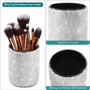 Crystal Bling Makeup Brush Holder – Silver Rhinestone Organizer for Eyebrow Pencils, Eyeliners, Pens | Multifunctional Handcrafted Cosmetic Storage for Vanity & Office Desk