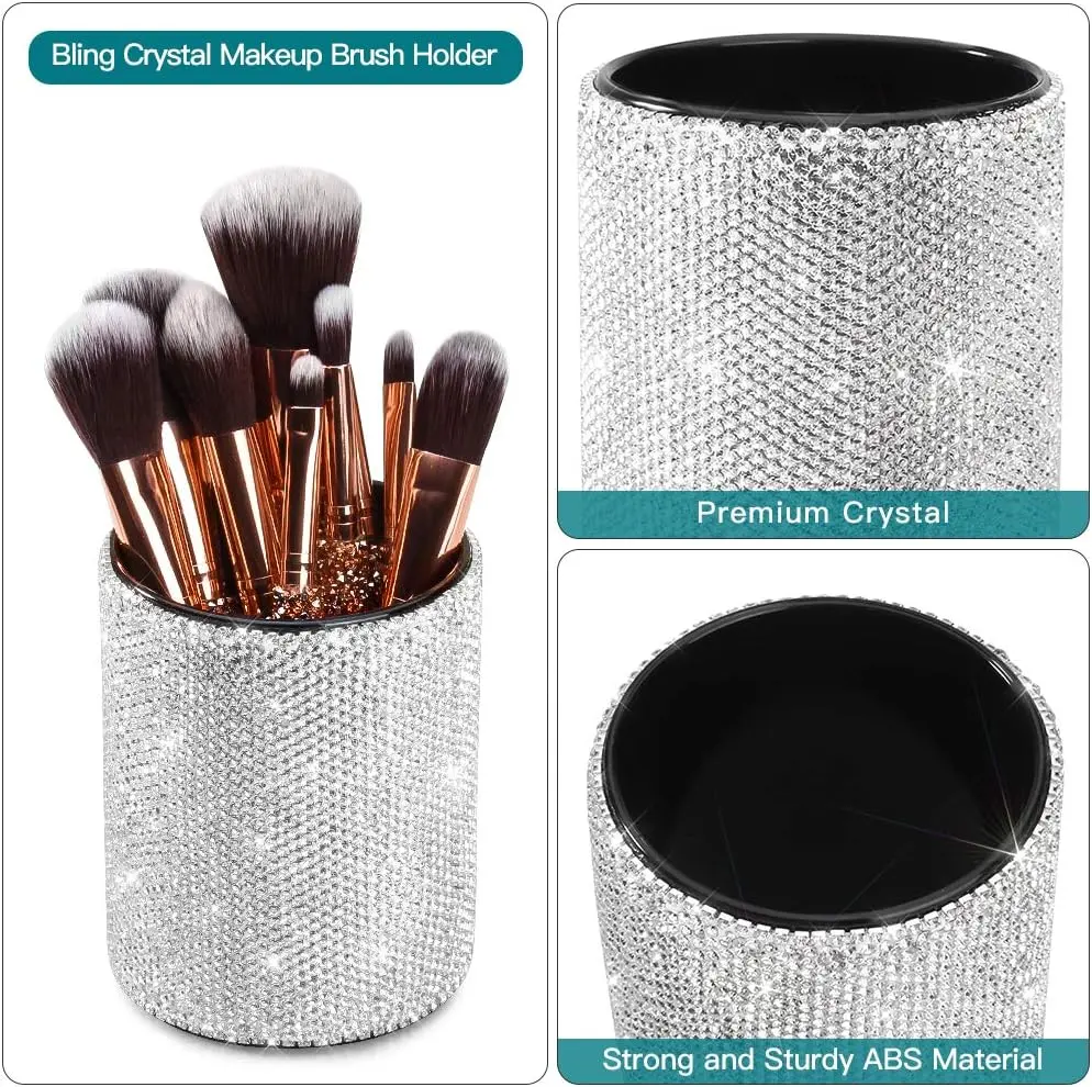 Crystal Bling Makeup Brush Holder – Silver Rhinestone Organizer for Eyebrow Pencils, Eyeliners, Pens | Multifunctional Handcrafted Cosmetic Storage for Vanity & Office Desk