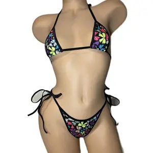 Exotic Microkini Set for Women - Perfect for Dancing - Womenswear bra thong lingerie set Lace Strappy Printed Black